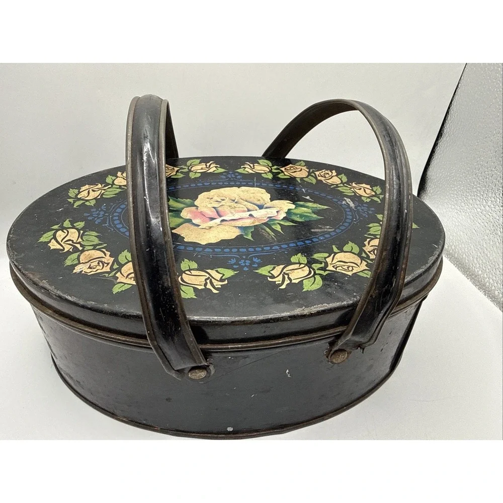 Vtg Tin Sewing Box Double Swing Handles Keepsake Storage Black & Roses 8.5